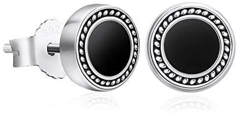 KRKC&CO S925 Silber Ohrringe Herren, Rund Schwarz Oynx Ohrringe 8mm mit Kordel Design, Weißgold beschichtete Ohrsteckers, echt 925 Sterling Silber allergiefreie Ohrringe, Geschenk für Männer Jungs