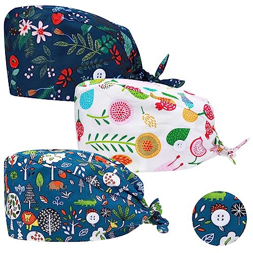Yolev 3 Stück OP Haube Verstellbar Stoff Op Haube mit Knopf Arbeitskappe Baumwolldruck Kranken schwesternkappe Unisex Staubhauben Kappe(Obst Stil)