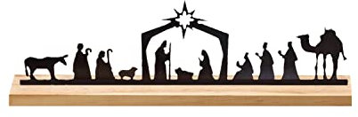 KOOMAL Weihnachtskrippe Set, Metall Teelicht Kerzenhalter mit Holzsockel Little People Krippe Set Weide Baum Religiöse Tischdekoration (A)