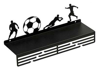 Sellon24® Fußball Medaillenhalter, Medaillen - Aufhänger Schwarz, mit Regal für Pokale, aus Metall, Wandmontage, Sportler Geschenk (FUßBALL)