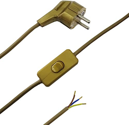 Anschlusskabel 2m Gold 3-adrig 250V Zuleitung Stecker + Kippschalter AN/AUS anschlussfertig