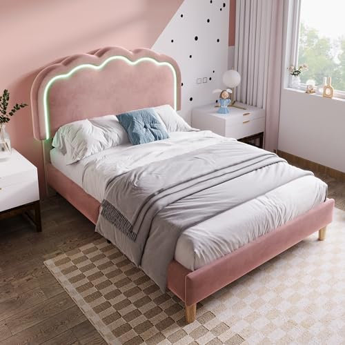 Merax Kinderbett Polsterbett 90x200cm, Einzelbett Bettgestell mit Lattenrost & Verstellbares Kopfteil, süßes Jugendbett mit LED-Kopfteil in Puff-Form, Gepolstertes Bett, Samt, ohne Matratze, Rosa