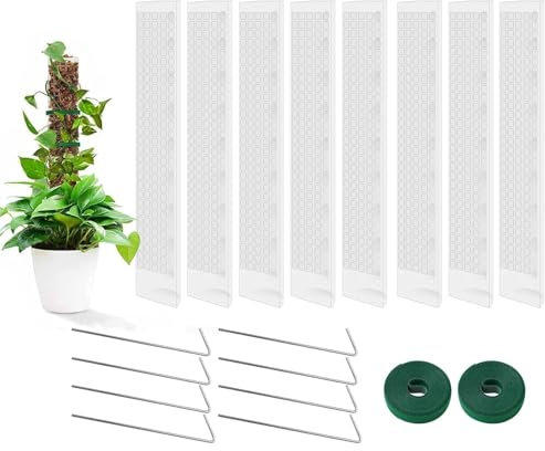 KAHEIGN 8Pcs Plastic Moss Poles, 60CM Stackable Plant Climbing Pole Refillable Hollow Support Stakes with 8Pcs Ground Pegs and 2 Roll Ties for Indoor Outdoor Climbing Plants