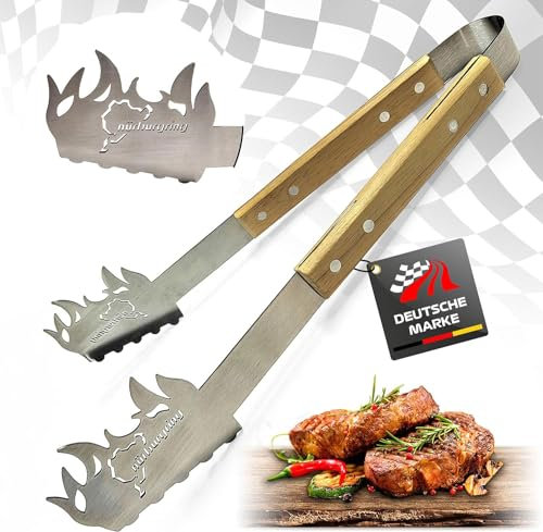 Nürburgring Grillzange, BBQ Grillzange Edelstahl, Grillzange Holz, Grillzange lang, Ideal für Grillliebhaber, Robust und Langlebig, Küchenzange Perfekt für jeden Grillabend (ohne Persönlicher Gravur)