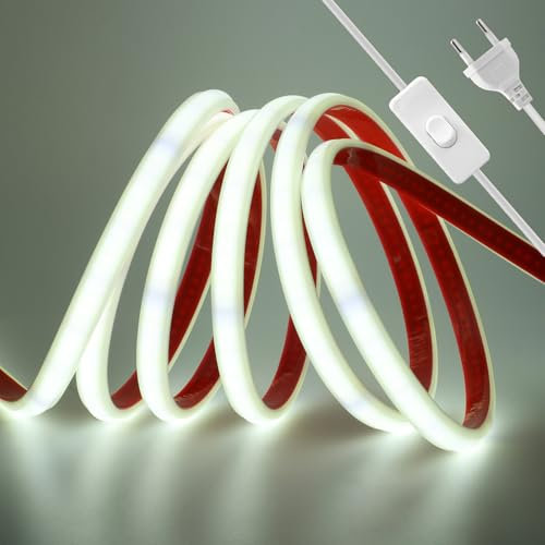 HEGEHE - Striscia LED COB 230V 2m, ogni 10cm può essere tagliato una volta, flessibile impermeabile IP65, striscia neon LED FCOB 240 LED/m 90+, con interruttore [Luce bianca 6000K]