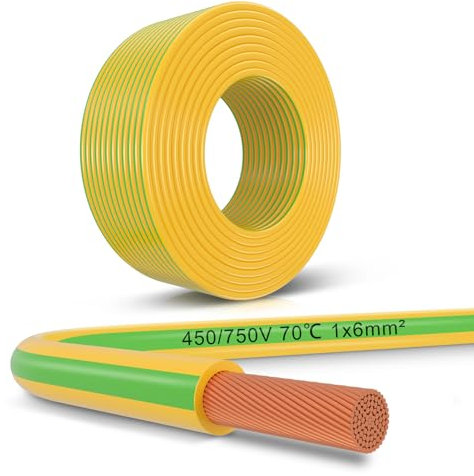 LightingWill Cavo di messa a terra, 20 metri, 1 x 6 mm², 6 mm2, cavo elettrico di terra, in PVC verde, giallo, flessibile, per applicazioni di messa a terra e installazioni elettriche