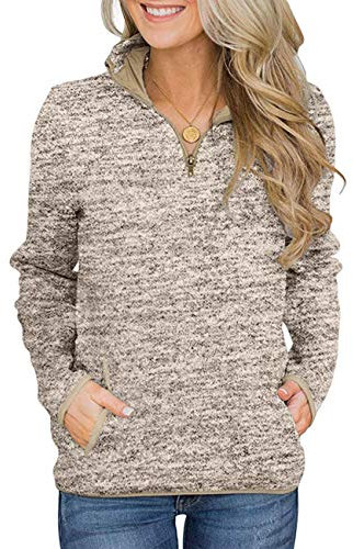 iWoo Damen Langarmshirt Sweatshirt Reißverschluss Pullover Langarm Lose Hemd Shirt Oberteil mit Taschen Tops Khaki L