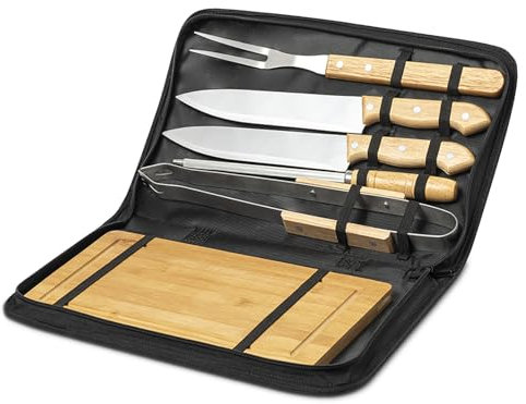 TIENDA EURASIA – Set de Barbacoa | Material de los Accesorios Bambú y Acero Inoxidable | Utensilios Barbacoa | Incluye Estuche | Resistentes al Calor y Antióxido (Negro 24 x 36.8 x 4 cm)