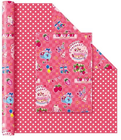 WERNNSAI Erdbeerkuchen Geburtstagsgeschenkpapier – 1 Rolle 43 cm x 10 m Geschenkpapier für Kinder und Mädchen rosarotes Geschenkpapier Geburtstagsparty Dekoration gepunktet wendbar