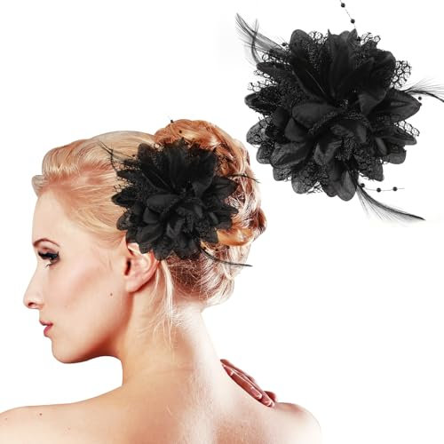 MWOOT 2 Stück Feder Blume Haarspange, 1920er Fascinator Feder Haarnadel für Damen, Schwarz Blumen 20er Jahre Haarschmuck für Karneval Halloween Cocktail Hochzeit Tee-Party Accessoires