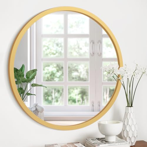 JJUUYOU Circle Mirror Wall Mounted Round Wood Frame Mirrors for Bathroom Living Room Bedroom,Gold