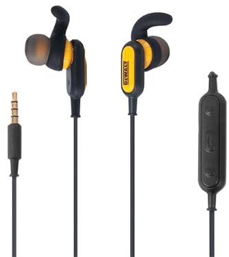Dewalt Jobsite Wired Earphones 3.5mm Input Jack (AUX) cable with built in Volume and Playback Controls with Exceptional Audio Quality - Water Resistant (also comes with ear cushions and shirt clip)