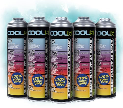 COOL5 5in1-5 x Recharge clim voiture R134a - r134a recharge kit, gaz de clim r134a pour la climatisation des voitures 1995-2016 - 5 BOX + Universal cleaner 500ml