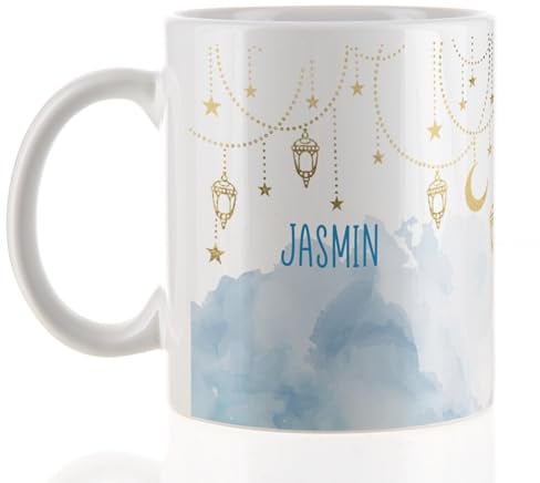 Herz & Heim® Personalisierte Tasse Ramadan – Bedruckt mit Wunschname – Geschenk für Ramadan & Eid – Keramiktasse mit festlichem Design (Ornamente)