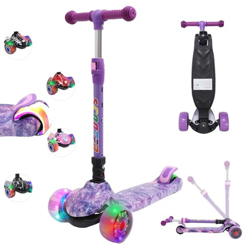 Kinderroller mit LED Leuchträdern, Klappbar Tretroller 3-12 Jahre, Höhenverstellbar Scooter für Mädchen & Jungen, Roller Kinder mit Rutschfesten Griffen & Hinterradbremse, Lila Galaxy Design