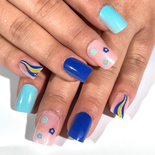 Lot de 24 faux ongles courts à coller - Couvrance complète - Bleu