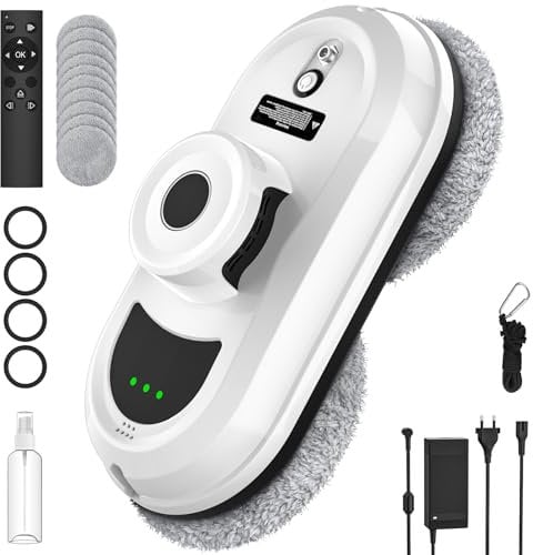 OUOAENR Window Cleaner Robot, 5600Pa Intelligent Window Cleaning Robot, 3 Cleaning Modes, Smart Navigation, Edge Detection, Remote Control and 10 Mops, Electric Glass Cleaner for Indoor and Outdoor
