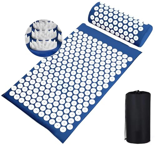 Acupressure Mat and Pillow Set, Acupuncture Mat for Back, Neck, Feet Pain Relief Muscle, Stress Reduction, Spike Massage Mattress with Travel Bag for Men Women, Targets Pressure Points (Blue)