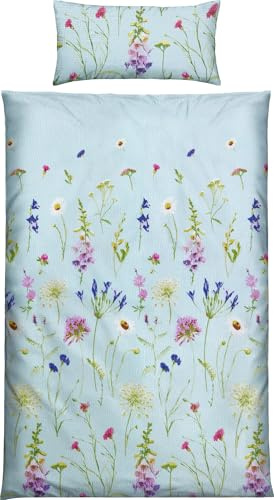 REDBEST Seersucker Bettwäsche Wiesenblumen hellblau Größe 40x80 cm / 155x220 cm - sommerlich-leicht, pflegeleicht, bügelfrei, mit Reißverschluss
