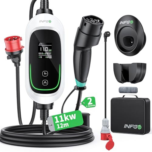 INFGO Mobile Wallbox 11kW [3-phasig, 12m, 6-16A], EV Charger mit Einstellbarer Ladeleistung & Timer-Funktion, Typ 2 Ladekabel CEE Stecker für Model Y/3, ID.3, i4, EQB, e-tron usw., Weiß