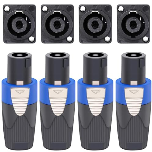 Greluma Ensemble de 4 Kit de connecteurs compatible Speakon, prise haut-parleur 4 broches à verrouillage par rotation et supports de montage sur panneau châssis, compatible avec NL4FC, NL4FX, NL4MPR