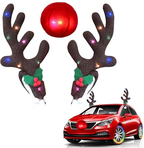HUIKUANGEU Rentier Auto,Weihnachten Auto Rentier Geweih,Auto-Geweih-Dekorationsset,Rentiergeweihe Auto Weihnachtsdeko,Weihnachtsdekorationen,Weihnachtsfahrzeug Dekoration,für Autozubehör
