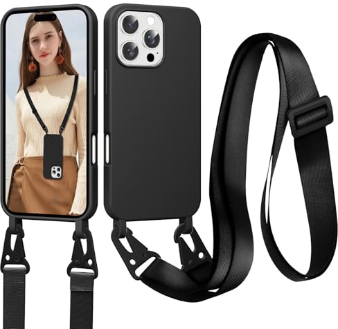 Jrkvniv Coque pour iPhone 15 Pro avec Cordon, Noir | Collier Pour Étui En Silicone Liquide Avec Portable Sangle Réglable Bandouilière Lanyard Colliers, Housse Anti-Choc Case