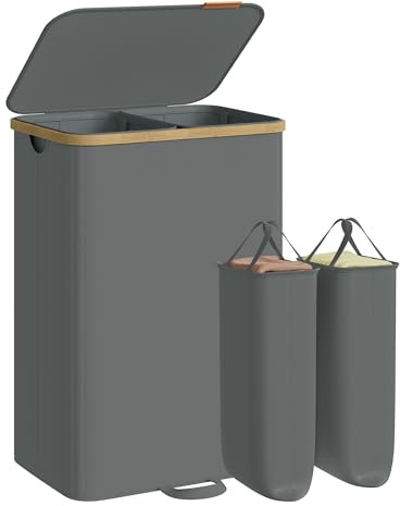 SONGMICS Wäschekorb mit Deckel, 150 Liter, 2 Fächer, Bambusrahmen | Wäschesammler, Wäschesack herausnehmbar, für Waschküche, Schlafzimmer, grau und gelb, ROXANNE Kollektion LCB532GN01