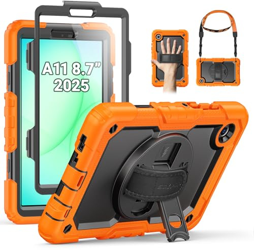 SEYMAC Funda para Samsung Galaxy Tab A11/A9 8,7 Pulgadas 2025/2023, Naranja | Funda Resistente con Protector de Pantalla, Soporte Giratorio de 360°, Correa de Mano y Hombro, Portalápices, Anticaídas