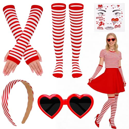 Kkluno Rot Weiss Kostüm Damen - Köln Karneval Kostüm Rot Weiß Haarreif Engel Gesichtstattoo Ringel Handschuhe Strümpfe Herz Brille für Faschingskostüme Party Accessoires