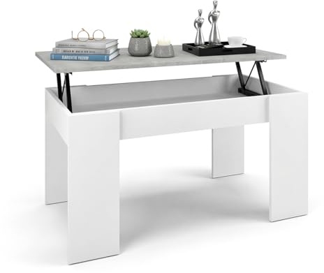 duehome | Tavolino da salotto sollevabile, tavolino da salotto, finitura bianca Artik e cemento, modello Norak, dimensioni: 90 cm (lunghezza) x 50 cm (larghezza) x 33,8/45,3 cm (altezza)
