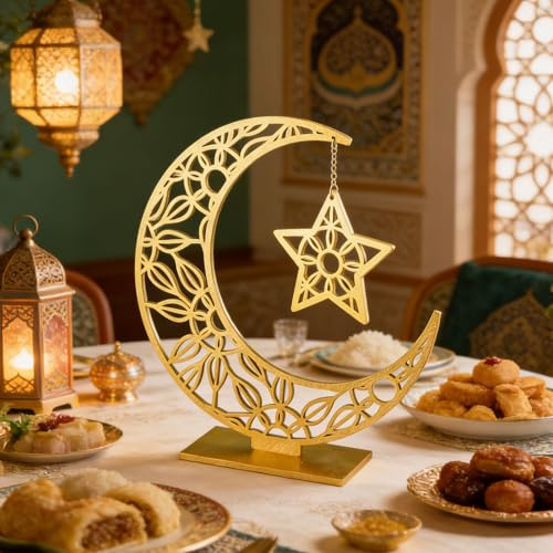 Kertaym Eid Mubarak Dekoration Holz, Ramadan Deko Tisch mit Mond & Stern Muster, Islamische Geschenke für Wohnzimmer, Schlafzimmer & Essenstisch, Ramadan Mubarak Geschenk (Gold-klein)