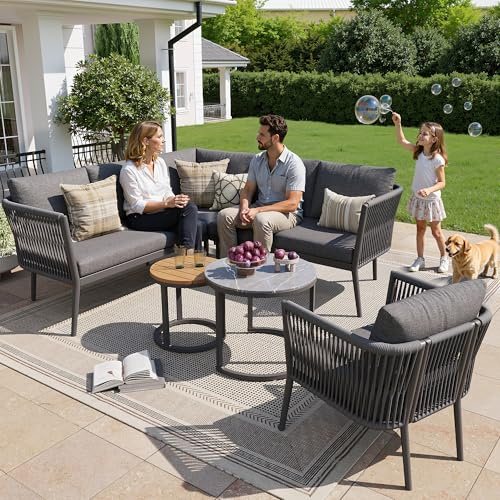 Gartenlounge-Set für 5-6 Personen,Großes Outdoor Sofa Set, 6-teiliges Seil Sitzgruppe mit wasserfester Sitzbank und Kissenset, Modulares Ecksofa Set für Terrasse Balkon, Grau (Gray, 5-6 Personen)