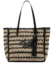 Liu Jo Sac à provisions en paille tressée, noir et naturel, 35 x 38 x 22 cm, fermeture magnétique, avec logo et pompons