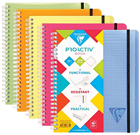 Clairefontaine 328775C Linicolor Fresh Proactiv'Book Cahier-Trieur à Spirale - A5+ 16x21 cm - 180 Pages Détachables Petits Carreaux Cadrées - Papier Blanc 90 g - Couverture Polypro - Couleur Aléatoire