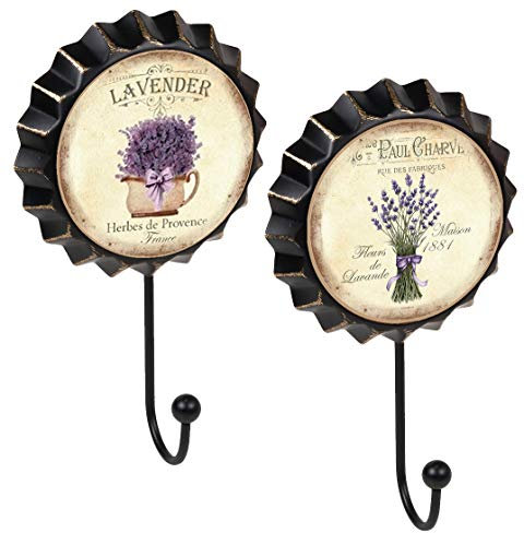 Lashuma 2er Set 1er Kronkorken Metallhaken, Wandhaken Landhaus Muster Lavendel, Strapazierfähige Mantelhaken 19x11 cm
