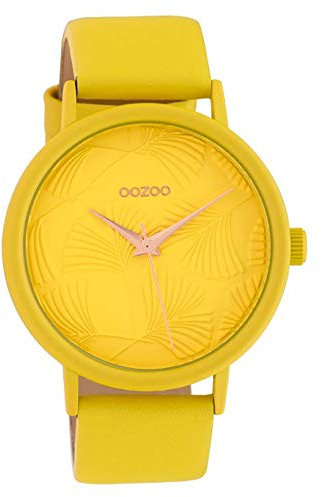 Oozoo Damenuhr mit Lederband 42 MM Colours of Ginkgoblatt Zifferblatt Unicolor Gelb C10395