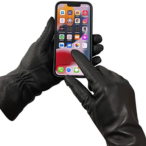 Harssidanzar Damen Handschuhe,Damen Italienische Lammfell Lederhandschuhe Kaschmir Gefüttert Touchscreen,Schwarz,L