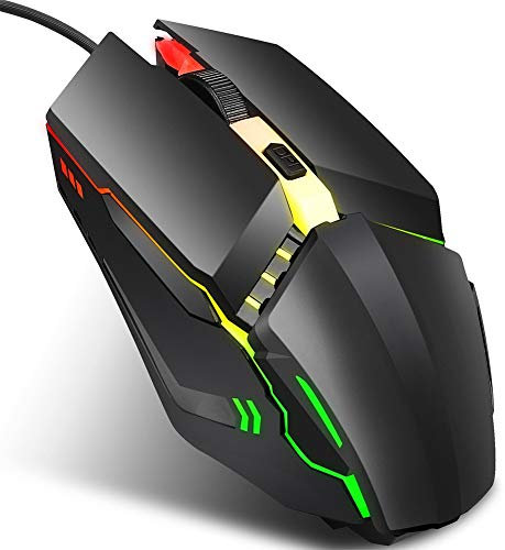 Topiky Wired Gaming Mouse, 7 Bright Colors USB2.0 E-sport Ergonomic Optical Mechanical Mice with 4 Keys & 3 Level Adjustable 1600 DPI for Computer Laptop Notebook