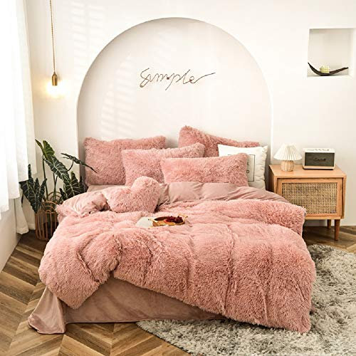 CoutureBridal Warm Winter Bettwäsche 135x200cm Rosa Mädchen Plüsch Langhaar Flauschig Flanell Biber Bettbezug mit Reißverschluss und Kissenbezug,2 teilig, 80x80cm,Altrosa