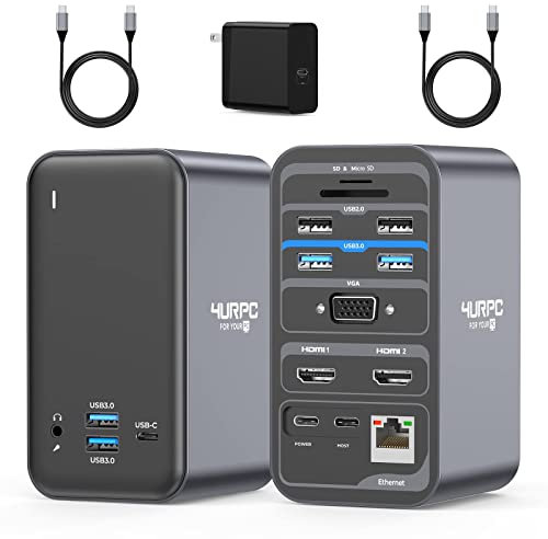 USB C Docking Station Dual Monitor, Dual HDMI USB C Dock, Laptop Docking Station with 2 HDMI Ports, VGA, 65W Power Adapter,6 USB, Ethernet, SD/TF, Audio/Mic for Dell/Hp/Surface Pro