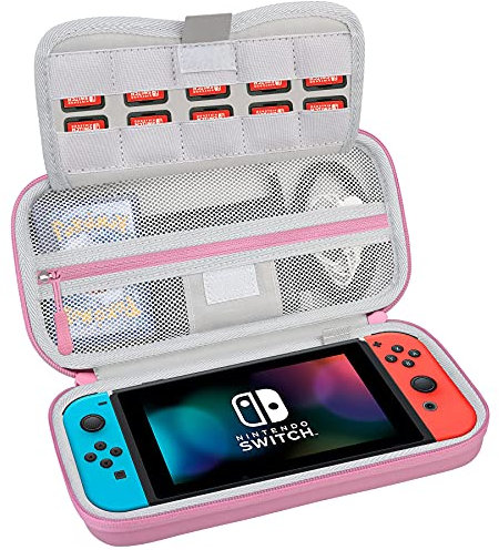 BOVKE Switch Case für Nintendo Switch, Harter Schutz Nintendo Switch Tragetasche mit Spielkassetten-Aufbewahrung & Playstand-Funktion, Extra Mesh Pouch für Nintendo Switch Zubehör, Rosa