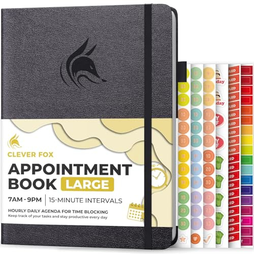 Clever Fox Appointment Book, 15-Minute Daily Planner, Undated Silver Black | Large 21x28 cm, 15 minute increments, Hardcover ourly book with time slots for women & men, Weekly pages & monthly calendars
