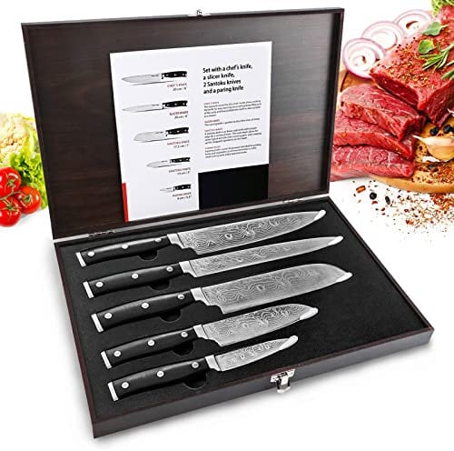 HUIKAILI Knife Set, 5 Pieces Professional Kitchen Set with Wooden Box, Stainless Steel Finish, Includes Chef Knife, Slicing 2 Sankotu Knives and Paring
