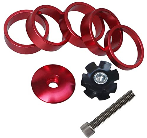 MEISO 8 pièces Bicyclette Entretoise Potence Bouchon Guidon 1 1/8 Entretoise de Direction en Aluminium Rondelles de Potence pour Velo de Route （rouge）
