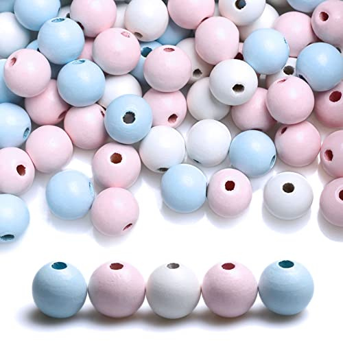 Wooden Beads for Jewelry Making- 120 Beads-16mm- Hole 3mm, Painted Round Wooden Spacer Beads for Handmade Crafts, (White/Blue/Pink)