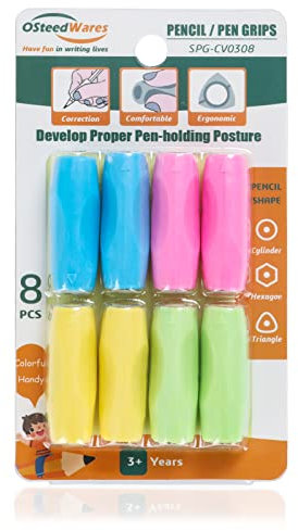 OSteed Ergonomic Pencil Grips Silicone 8 Pcs for Adults, Gel Pen Grips with 3 Concaves for Handwriting, 1 Pack 4 Colours