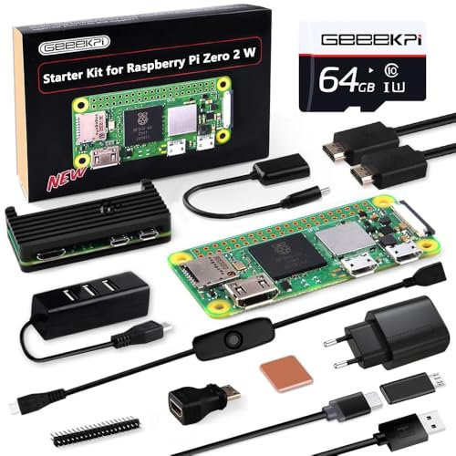 GeeekPi Raspberry Pi Zero 2 W Starter Kit with RPi Zero 2 W Aluminum Case,64GB SD Card Preloaded OS,QC3.0 Power Supply,20 Pin Header,Micro USB to OTG Adapter,HDMI Cable,Heatsink,ON/Off Switch Cable