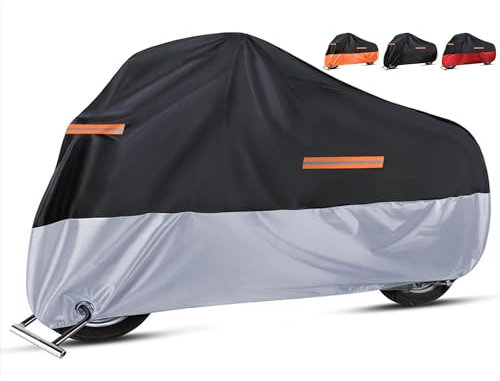 Motorrad Abdeckplane Outdoor Motorradabdeckung Wasserdicht Motorradplane Winterfest Motorradgarage Abdeckplane mit 3 Reflexionsstreifen für Harley-Davidson, Honda, Suzuki (Silber)