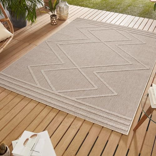 SIMPEX Outdoor Teppich, Boho Design, Teppich Beige, 240 x 340 cm, Teppich skandinavischen Stil, Küche, Balkon, Terrasse, Garten, Picknick